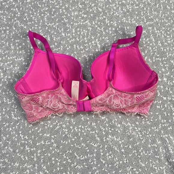 VICTORIA Secret Size 34C Lined Demi Hot Pink Bra With White Lace - Picture 2 of 5